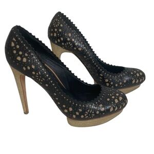 BCBGMaxAzria Size 10 Black and Tan Lacer Cut High Stiletto Heels Leather